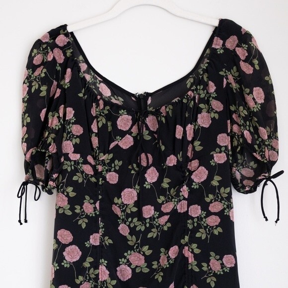 For Love & Lemons Biscotti Ruched Silk Mini Dress Bows Rose Print Size M Blogger - Picture 5 of 15
